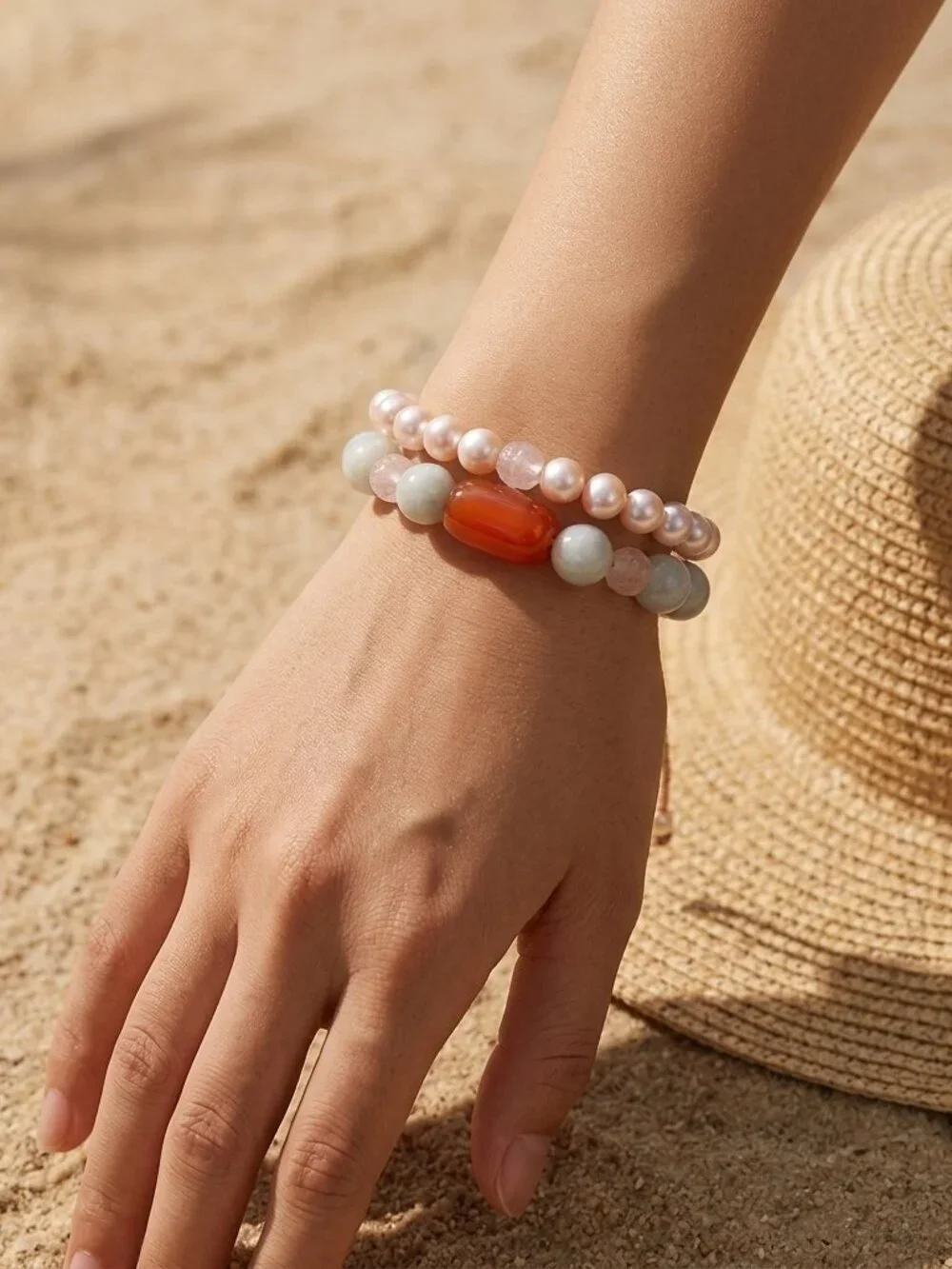 Jade Bracelet Set of 2, Genuine Jade w/Red Agate & Blush Pearls, Quiet Luxury